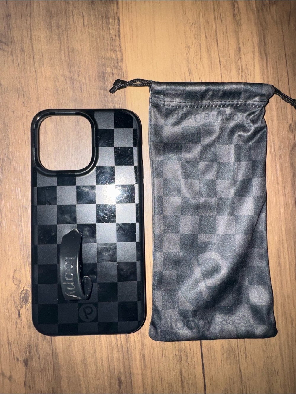 iPhone 15 pro max Loopy Case Black Checkered Grip Phone Case with Loop and Pouch
